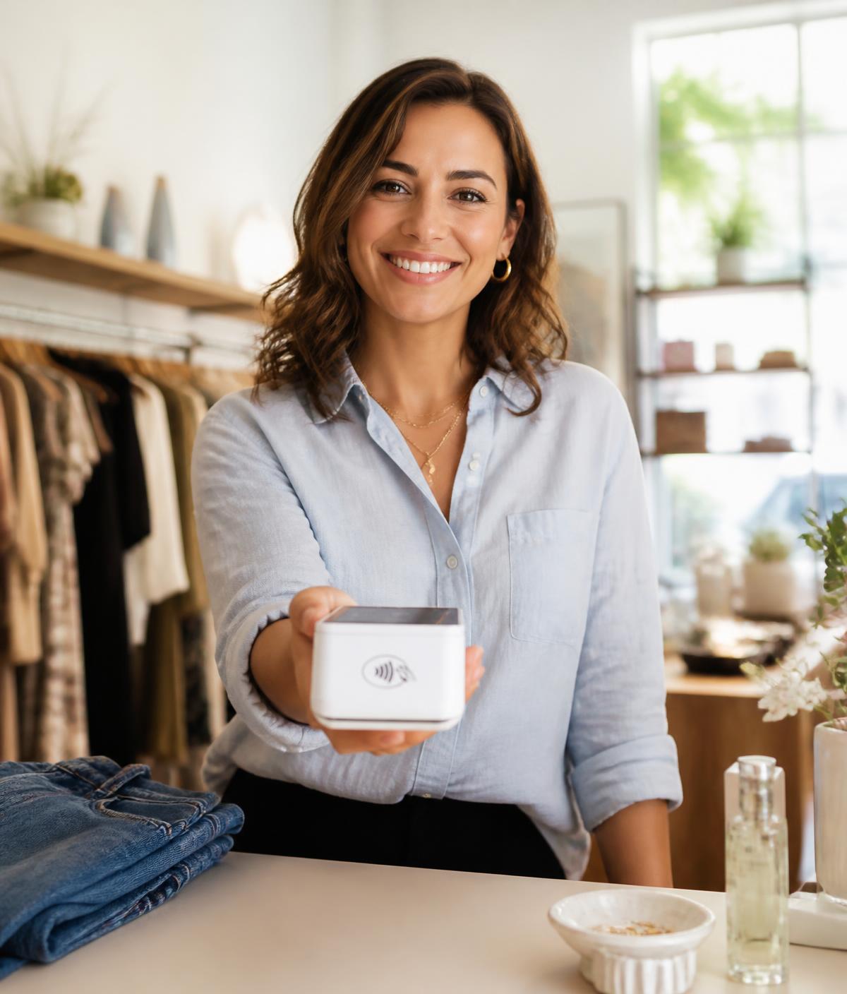 Shop owner presenting a contactless card terminal to a customer