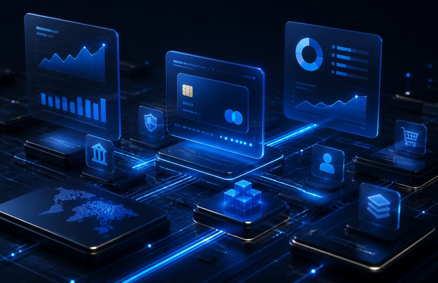 Illustration of connected payment infrastructure and reporting dashboards